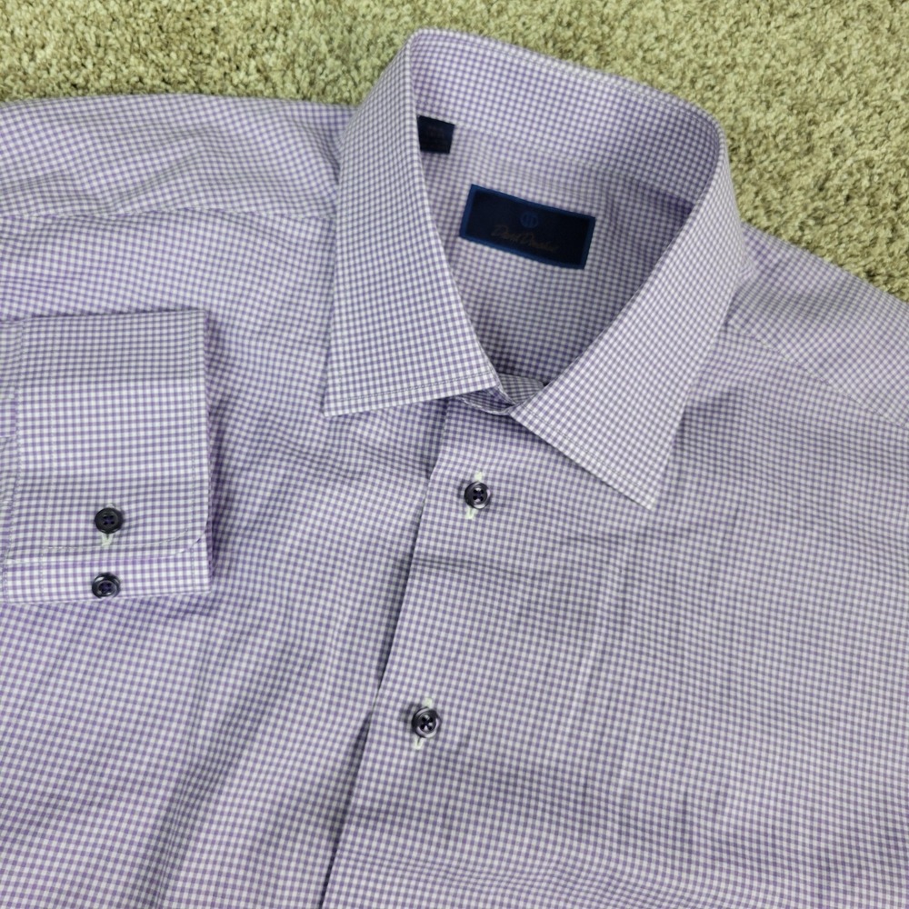David Donahue Mens 18.5-34/35 Purple White Gingham Check Button Up LS
